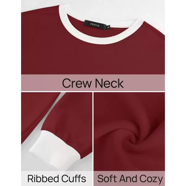 imageZESICA Sweatshirts for Women Casual Long Sleeve Crewneck Contrast Color Oversized Pullover Tops 2024 Fall ClothesRed