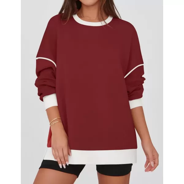 imageZESICA Sweatshirts for Women Casual Long Sleeve Crewneck Contrast Color Oversized Pullover Tops 2024 Fall ClothesRed