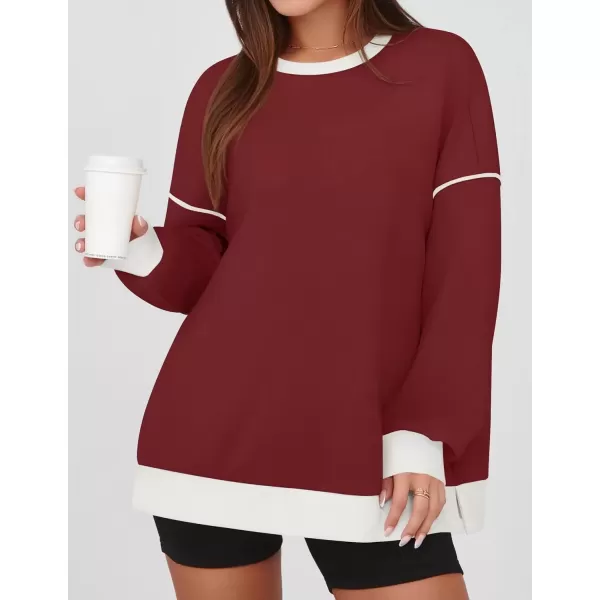 imageZESICA Sweatshirts for Women Casual Long Sleeve Crewneck Contrast Color Oversized Pullover Tops 2024 Fall ClothesRed