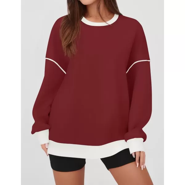 imageZESICA Sweatshirts for Women Casual Long Sleeve Crewneck Contrast Color Oversized Pullover Tops 2024 Fall ClothesRed