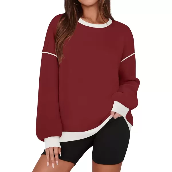 imageZESICA Sweatshirts for Women Casual Long Sleeve Crewneck Contrast Color Oversized Pullover Tops 2024 Fall ClothesRed