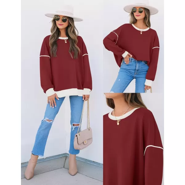 imageZESICA Sweatshirts for Women Casual Long Sleeve Crewneck Contrast Color Oversized Pullover Tops 2024 Fall ClothesRed