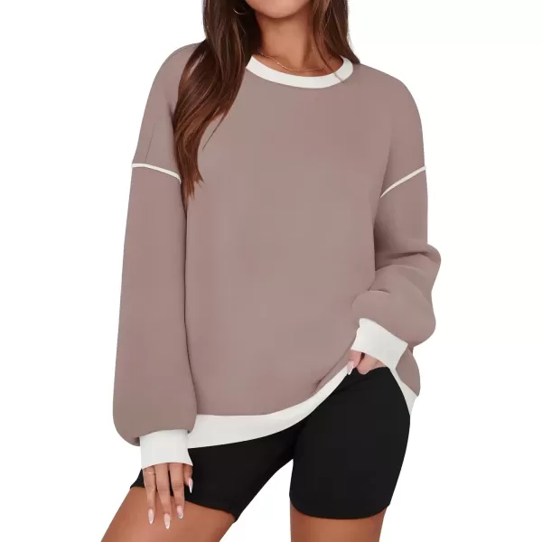 imageZESICA Sweatshirts for Women Casual Long Sleeve Crewneck Contrast Color Oversized Pullover Tops 2024 Fall ClothesSand