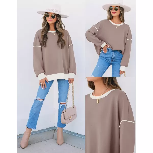 imageZESICA Sweatshirts for Women Casual Long Sleeve Crewneck Contrast Color Oversized Pullover Tops 2024 Fall ClothesSand
