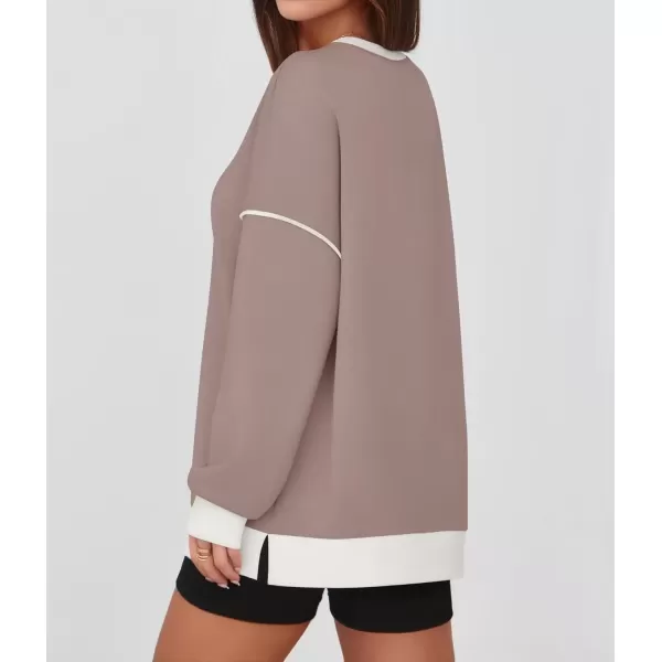 imageZESICA Sweatshirts for Women Casual Long Sleeve Crewneck Contrast Color Oversized Pullover Tops 2024 Fall ClothesSand