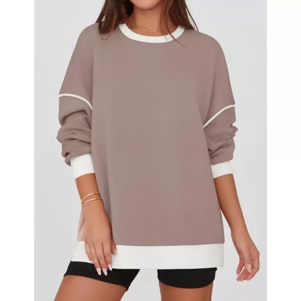 imageZESICA Sweatshirts for Women Casual Long Sleeve Crewneck Contrast Color Oversized Pullover Tops 2024 Fall ClothesSand