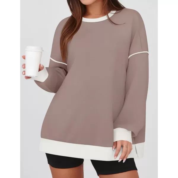 imageZESICA Sweatshirts for Women Casual Long Sleeve Crewneck Contrast Color Oversized Pullover Tops 2024 Fall ClothesSand