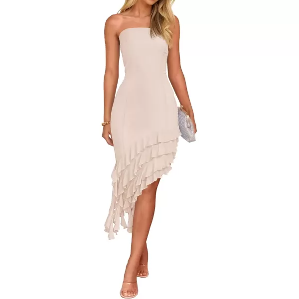 imageZESICA Womens 2024 Strapless Bodycon Tube Dress Sexy Off Shoulder Mesh Irregular Ruffle Backless Party Midi DressesApricot