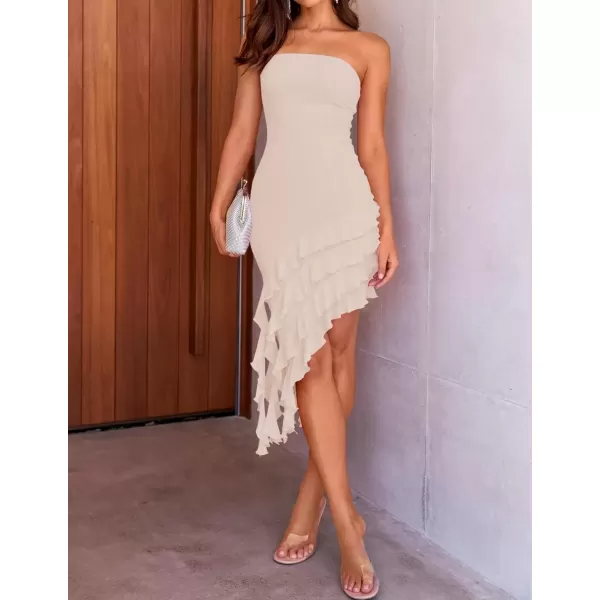 imageZESICA Womens 2024 Strapless Bodycon Tube Dress Sexy Off Shoulder Mesh Irregular Ruffle Backless Party Midi DressesApricot