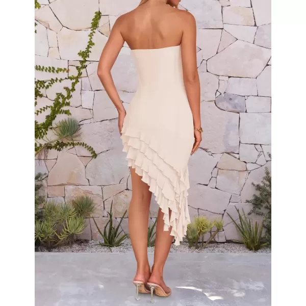 imageZESICA Womens 2024 Strapless Bodycon Tube Dress Sexy Off Shoulder Mesh Irregular Ruffle Backless Party Midi DressesBeige