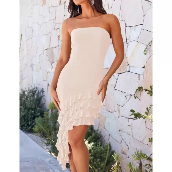imageZESICA Womens 2024 Strapless Bodycon Tube Dress Sexy Off Shoulder Mesh Irregular Ruffle Backless Party Midi DressesBeige