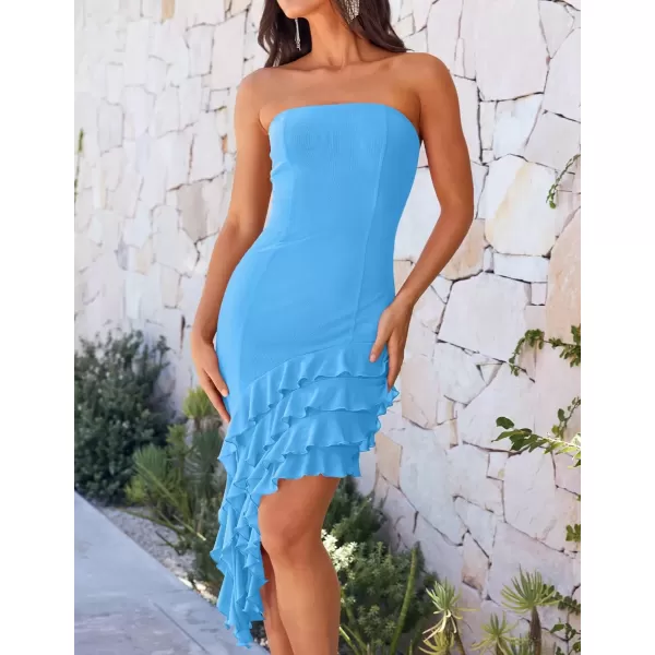 imageZESICA Womens 2024 Strapless Bodycon Tube Dress Sexy Off Shoulder Mesh Irregular Ruffle Backless Party Midi DressesBlue