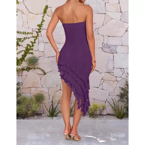 imageZESICA Womens 2024 Strapless Bodycon Tube Dress Sexy Off Shoulder Mesh Irregular Ruffle Backless Party Midi DressesDarkpurple