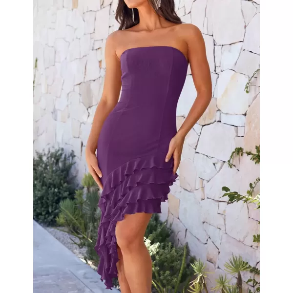 imageZESICA Womens 2024 Strapless Bodycon Tube Dress Sexy Off Shoulder Mesh Irregular Ruffle Backless Party Midi DressesDarkpurple