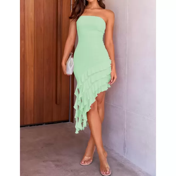imageZESICA Womens 2024 Strapless Bodycon Tube Dress Sexy Off Shoulder Mesh Irregular Ruffle Backless Party Midi DressesLightgreen
