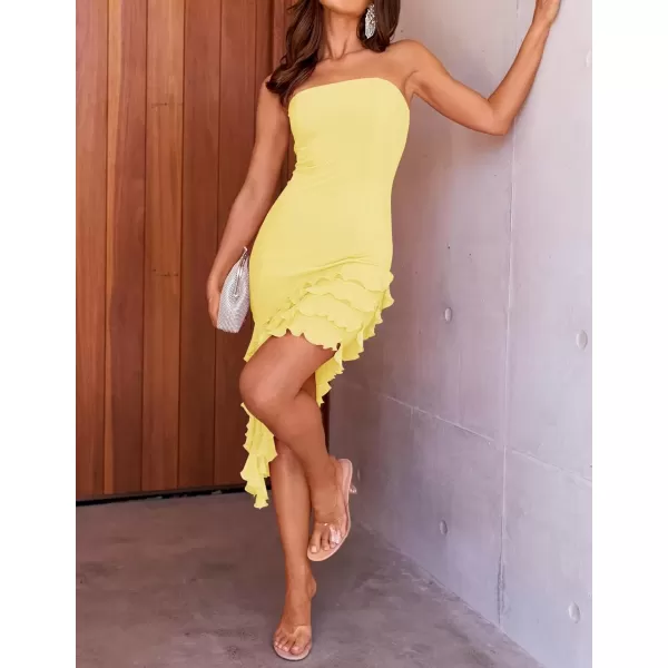 imageZESICA Womens 2024 Strapless Bodycon Tube Dress Sexy Off Shoulder Mesh Irregular Ruffle Backless Party Midi DressesLightyellow