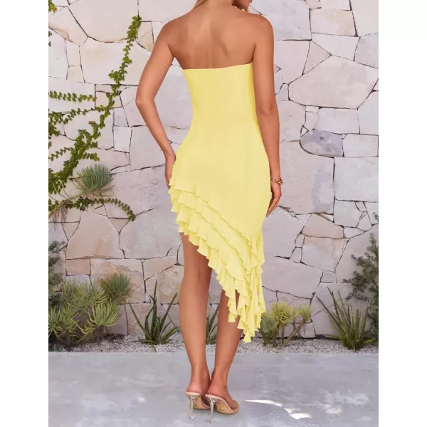 imageZESICA Womens 2024 Strapless Bodycon Tube Dress Sexy Off Shoulder Mesh Irregular Ruffle Backless Party Midi DressesLightyellow