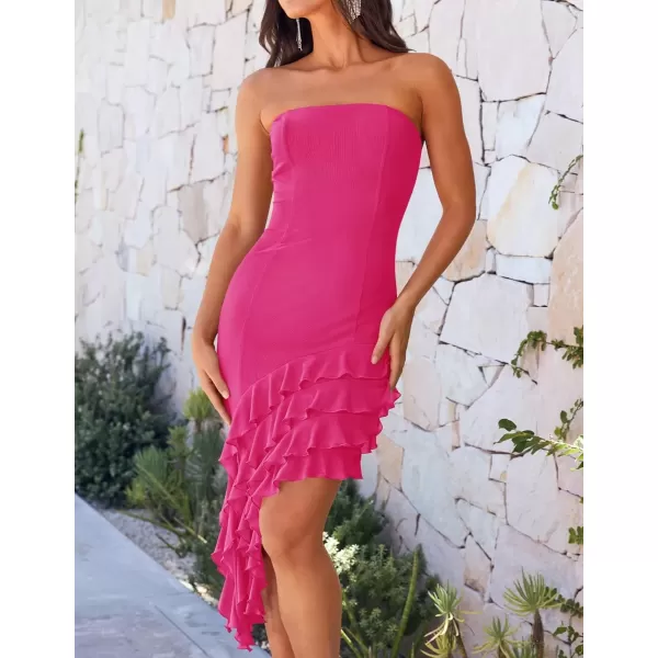 imageZESICA Womens 2024 Strapless Bodycon Tube Dress Sexy Off Shoulder Mesh Irregular Ruffle Backless Party Midi DressesRose
