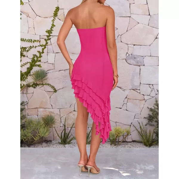 imageZESICA Womens 2024 Strapless Bodycon Tube Dress Sexy Off Shoulder Mesh Irregular Ruffle Backless Party Midi DressesRose