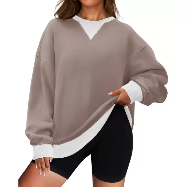 imageZESICA Womens Crewneck Color Block Sweatshirts Oversized Long Sleeve Pullover Tunic Tops 2024 Fall Clothes OutfitsKhaki