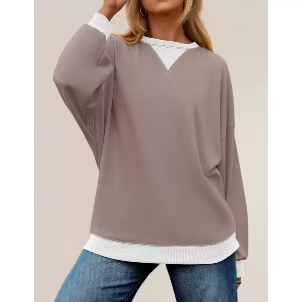 imageZESICA Womens Crewneck Color Block Sweatshirts Oversized Long Sleeve Pullover Tunic Tops 2024 Fall Clothes OutfitsKhaki