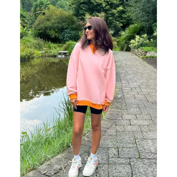 imageZESICA Womens Crewneck Color Block Sweatshirts Oversized Long Sleeve Pullover Tunic Tops 2024 Fall Clothes OutfitsPink