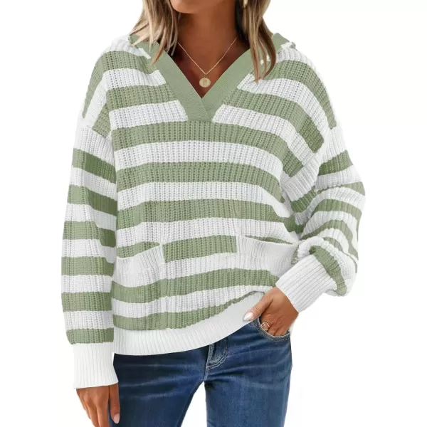 imageZESICA Womens Fall Striped Sweaters 2024 V Neck Ribbed Knit Casual Oversized Pullover Hoodies TopsBean Green