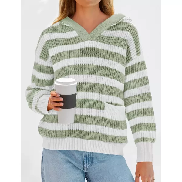 imageZESICA Womens Fall Striped Sweaters 2024 V Neck Ribbed Knit Casual Oversized Pullover Hoodies TopsBean Green