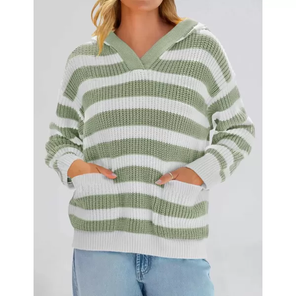 imageZESICA Womens Fall Striped Sweaters 2024 V Neck Ribbed Knit Casual Oversized Pullover Hoodies TopsBean Green