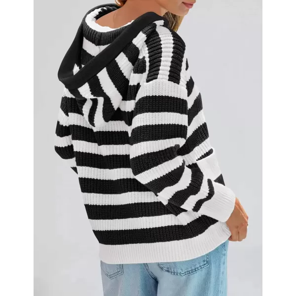imageZESICA Womens Fall Striped Sweaters 2024 V Neck Ribbed Knit Casual Oversized Pullover Hoodies TopsBlack