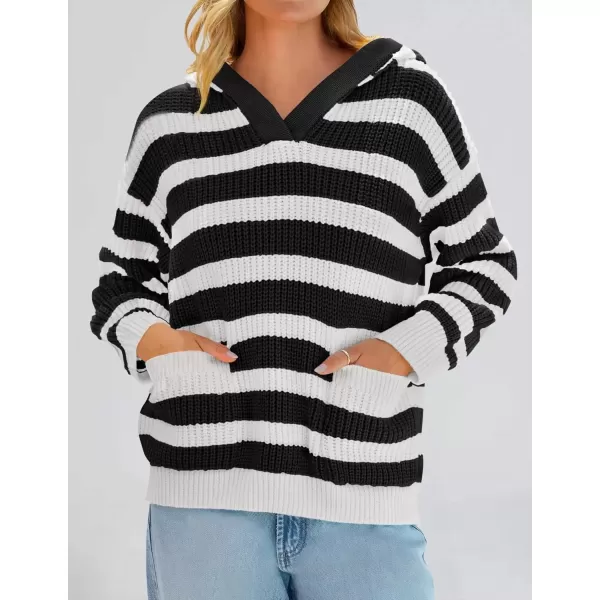 imageZESICA Womens Fall Striped Sweaters 2024 V Neck Ribbed Knit Casual Oversized Pullover Hoodies TopsBlack