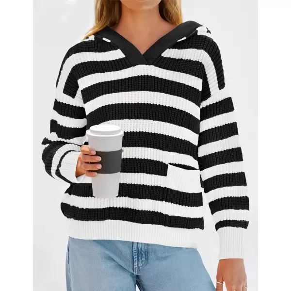 imageZESICA Womens Fall Striped Sweaters 2024 V Neck Ribbed Knit Casual Oversized Pullover Hoodies TopsBlack