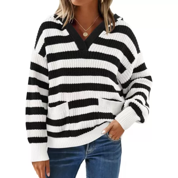 imageZESICA Womens Fall Striped Sweaters 2024 V Neck Ribbed Knit Casual Oversized Pullover Hoodies TopsBlack