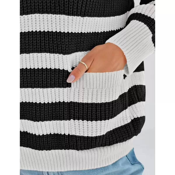 imageZESICA Womens Fall Striped Sweaters 2024 V Neck Ribbed Knit Casual Oversized Pullover Hoodies TopsBlack