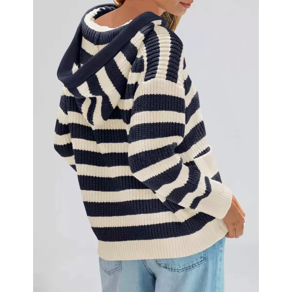 imageZESICA Womens Fall Striped Sweaters 2024 V Neck Ribbed Knit Casual Oversized Pullover Hoodies TopsDark Navy