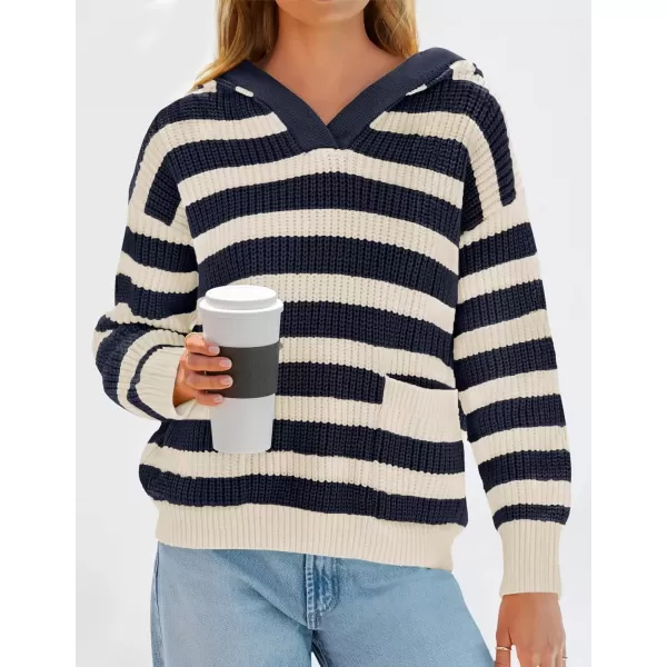 imageZESICA Womens Fall Striped Sweaters 2024 V Neck Ribbed Knit Casual Oversized Pullover Hoodies TopsDark Navy