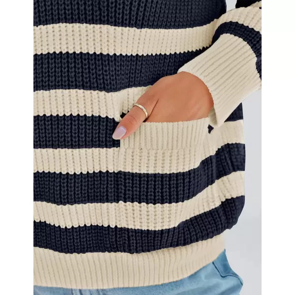 imageZESICA Womens Fall Striped Sweaters 2024 V Neck Ribbed Knit Casual Oversized Pullover Hoodies TopsDark Navy
