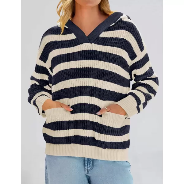 imageZESICA Womens Fall Striped Sweaters 2024 V Neck Ribbed Knit Casual Oversized Pullover Hoodies TopsDark Navy