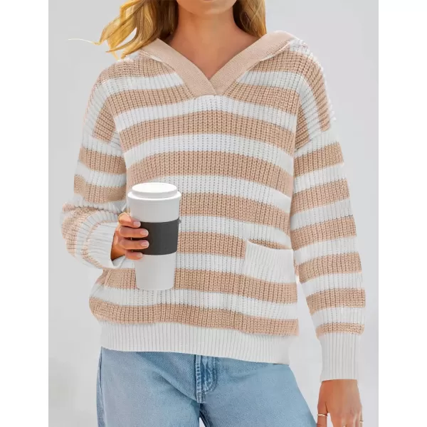 imageZESICA Womens Fall Striped Sweaters 2024 V Neck Ribbed Knit Casual Oversized Pullover Hoodies TopsKhaki