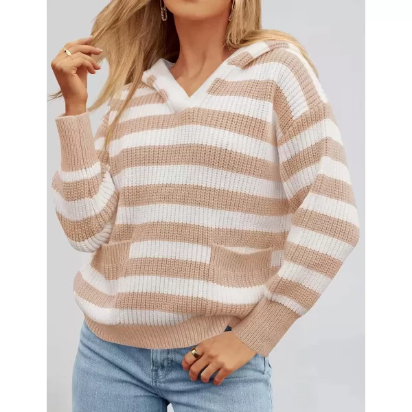 imageZESICA Womens Fall Striped Sweaters 2024 V Neck Ribbed Knit Casual Oversized Pullover Hoodies TopsKhaki