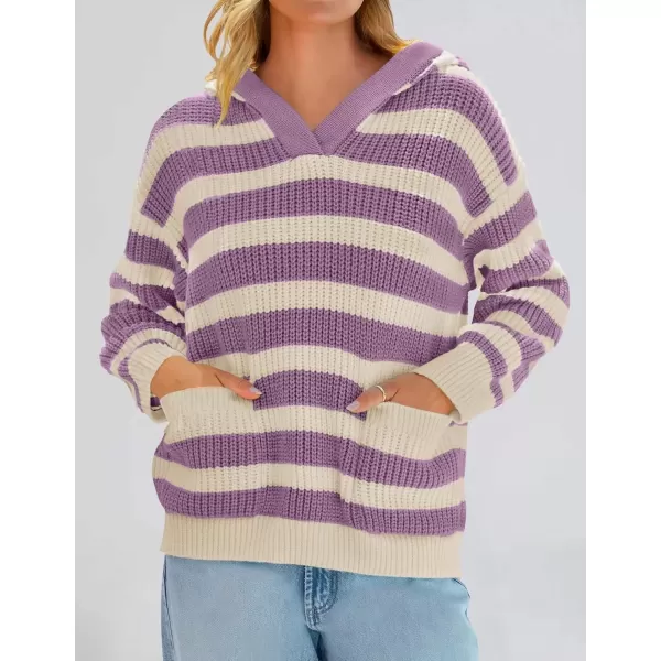 imageZESICA Womens Fall Striped Sweaters 2024 V Neck Ribbed Knit Casual Oversized Pullover Hoodies TopsPurple