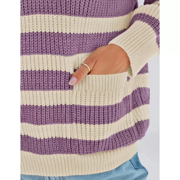 imageZESICA Womens Fall Striped Sweaters 2024 V Neck Ribbed Knit Casual Oversized Pullover Hoodies TopsPurple