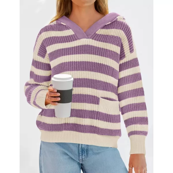 imageZESICA Womens Fall Striped Sweaters 2024 V Neck Ribbed Knit Casual Oversized Pullover Hoodies TopsPurple