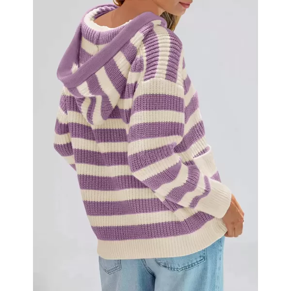 imageZESICA Womens Fall Striped Sweaters 2024 V Neck Ribbed Knit Casual Oversized Pullover Hoodies TopsPurple