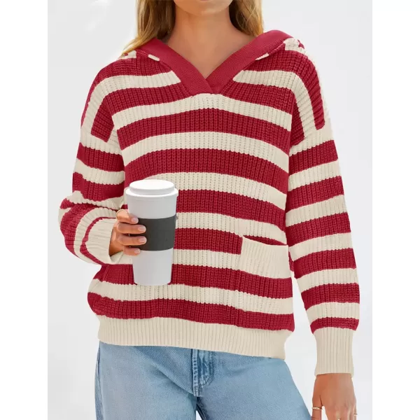 imageZESICA Womens Fall Striped Sweaters 2024 V Neck Ribbed Knit Casual Oversized Pullover Hoodies TopsRed