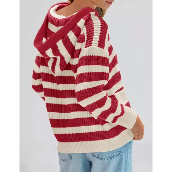 imageZESICA Womens Fall Striped Sweaters 2024 V Neck Ribbed Knit Casual Oversized Pullover Hoodies TopsRed