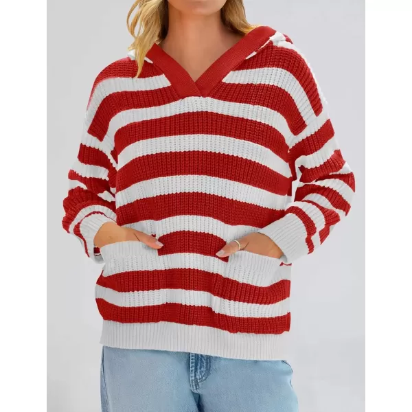 imageZESICA Womens Fall Striped Sweaters 2024 V Neck Ribbed Knit Casual Oversized Pullover Hoodies TopsRed