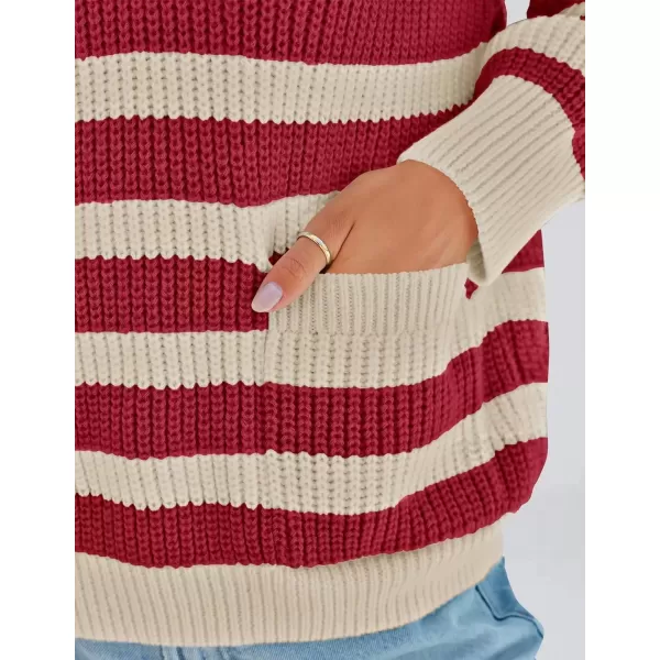 imageZESICA Womens Fall Striped Sweaters 2024 V Neck Ribbed Knit Casual Oversized Pullover Hoodies TopsRed