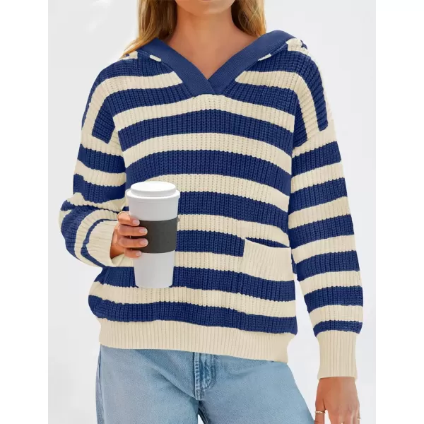 imageZESICA Womens Fall Striped Sweaters 2024 V Neck Ribbed Knit Casual Oversized Pullover Hoodies TopsRoyal Blue