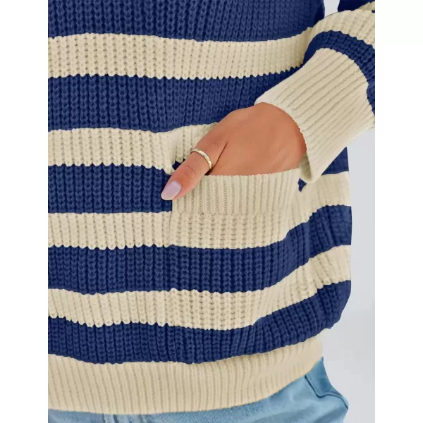 imageZESICA Womens Fall Striped Sweaters 2024 V Neck Ribbed Knit Casual Oversized Pullover Hoodies TopsRoyal Blue